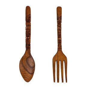 Carved Wood Tiki Design Spoon & Fork Wall Decor Art - Wooden Utensil🙀